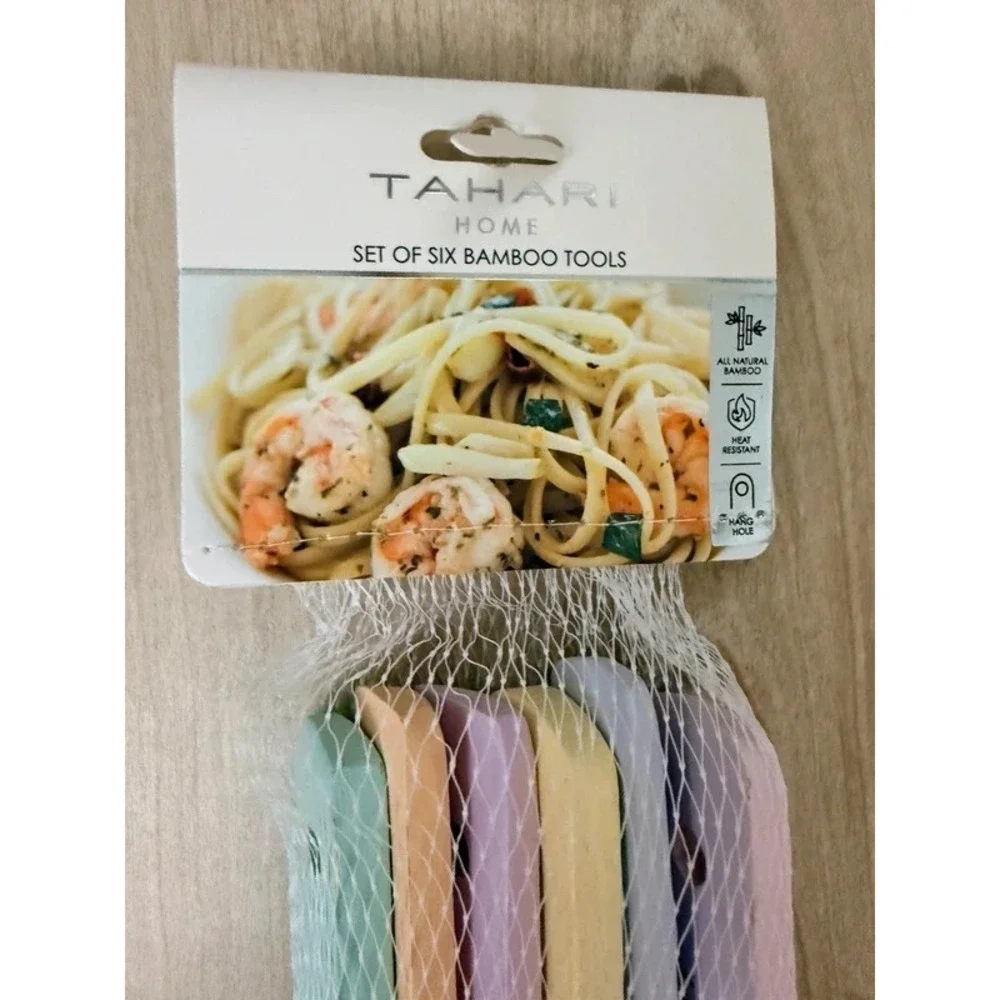Tahari Home Set of 6 Bamboo Kitchen Tools Pastel Multi Colored Handles NWT - Picture 2 of 5